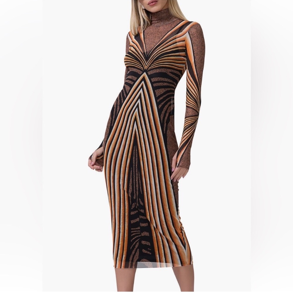 AFRM Brown & Tan Abstract Stripe Turtleneck Midi Dress